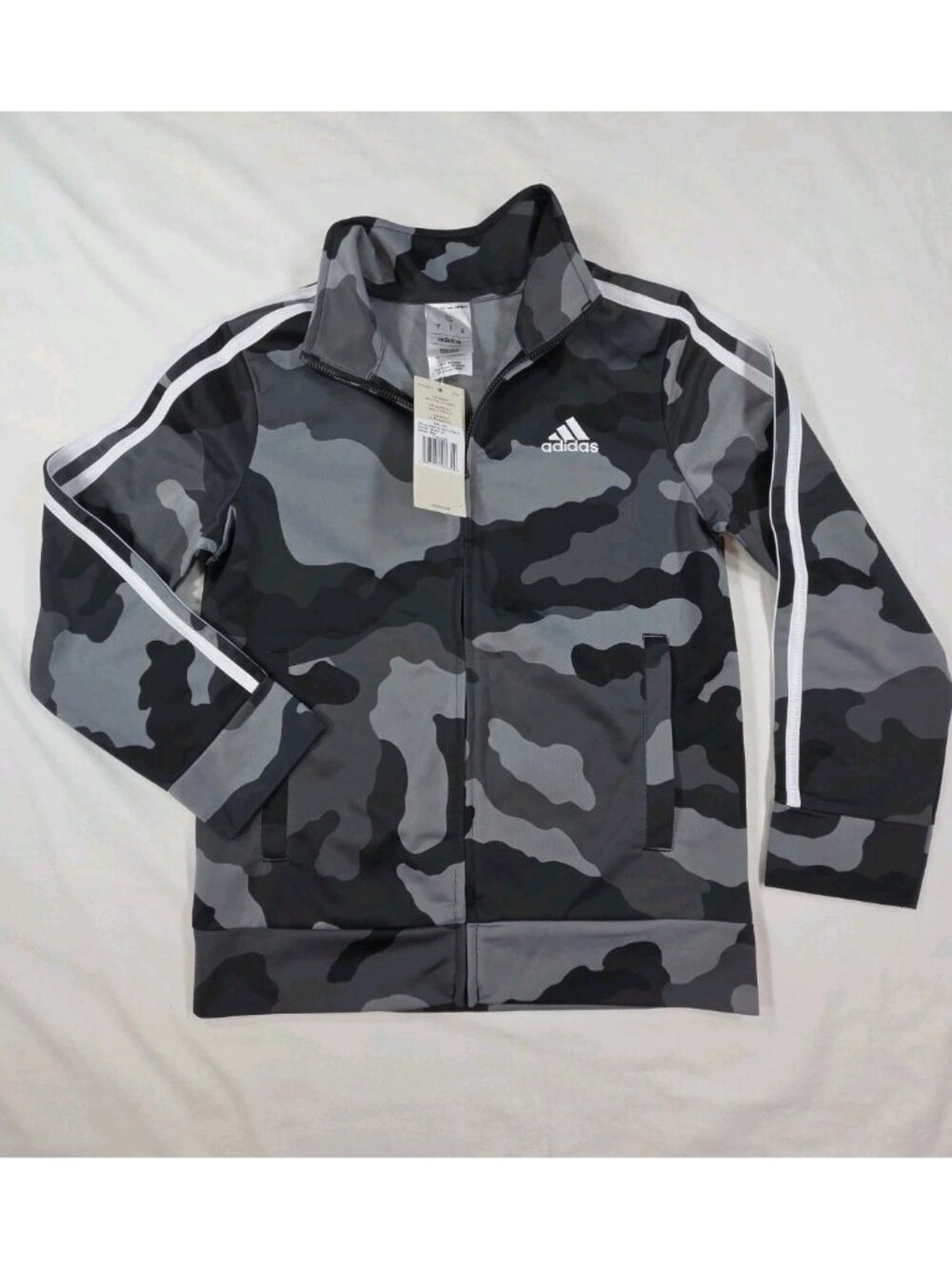 NWT Adidas Full Zip Gray/Black Camo Pattern Track Jacket Stripes Boys S(8)